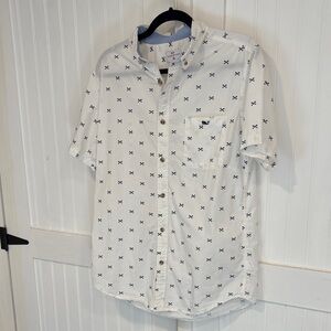 Vineyard Vines White & Blue bone-fish Patterned, button up short sleeve Shirt M